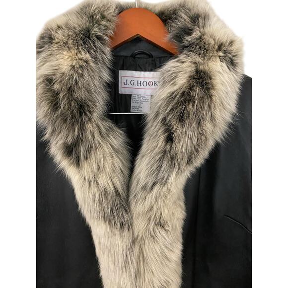 J.G. Hook Womens Black Genuine Leather Jacket Large Shawl Fox Fur Trim Coat - Picture 5 of 14